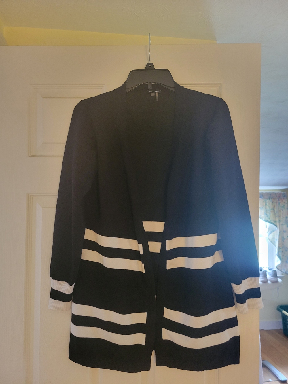 Black and White Striped Open Cardigan Sweater